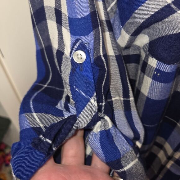 Express Boyfriend Blue Plaid Tab-Sleeve Button-Up Blouse, Size Small - Picture 5 of 8